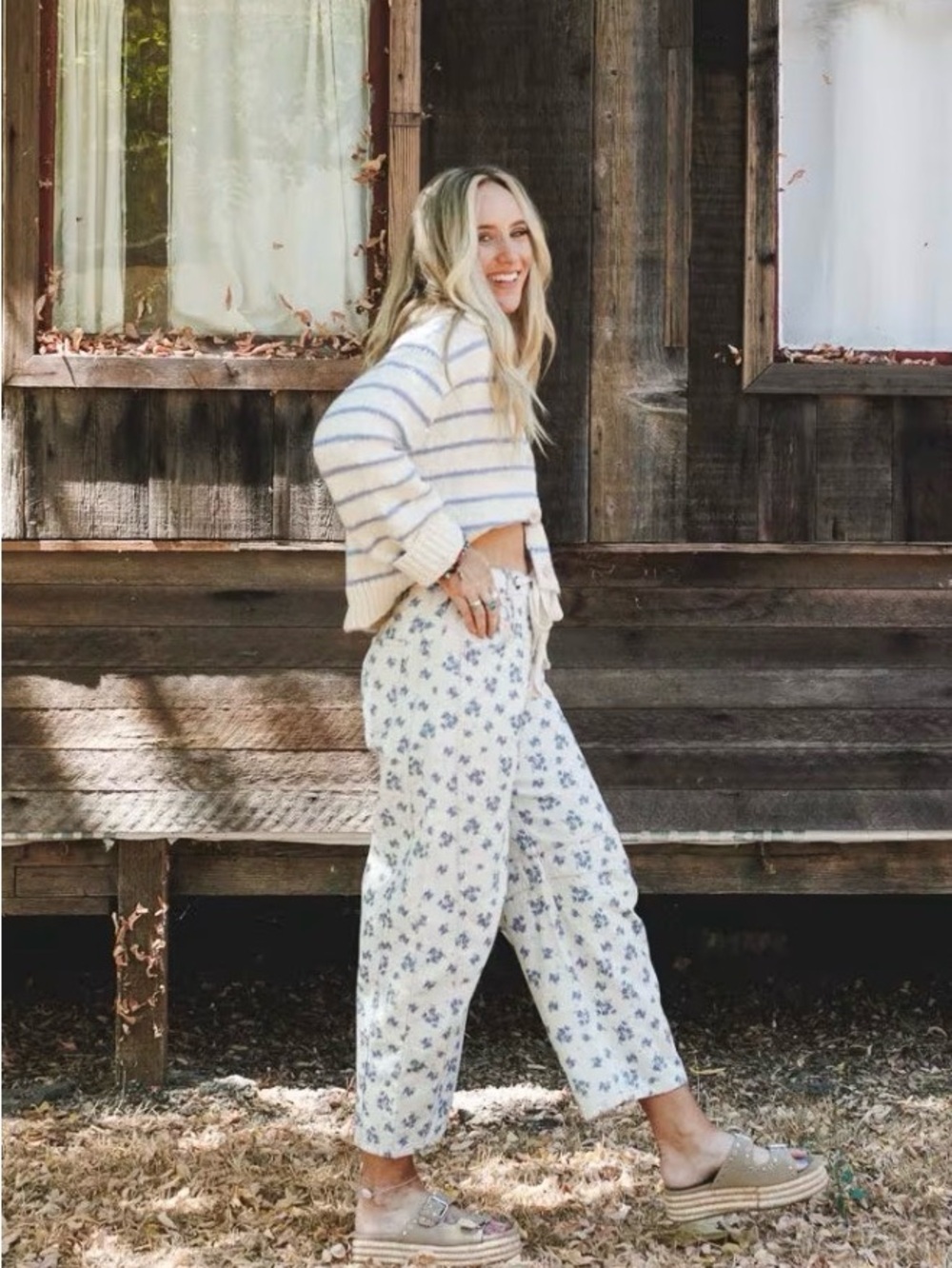 Three Bird Nest Petal Blue Barrel Leg Pants